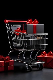 Black friday shopping cart brimming with black gift boxes tied with red ribbons against a dark grey