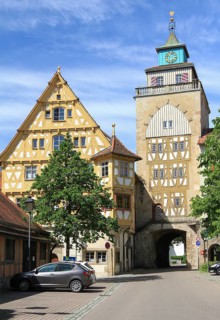 Wimpelinhaus with the only preserved town gate, Markgroeningen, Baden-Wuerttemberg, Germany, Europe