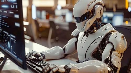 A robot in futuristic white armor typing on a computer keyboard in an advanced workspace, AI