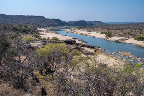 View over dry African savannah, Olifants River, Kruger National Park, South Africa, Africa