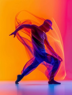 Contemporary dancer in a striking pose, surrounded by flowing colorful forms in vibrant orange and