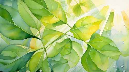 Abstract digital painting embodying sustainability with intertwining leaves glisten with water