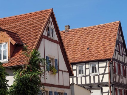 Two half-timbered houses with tiled roofs, one with green plants at the window, under a blue sky,