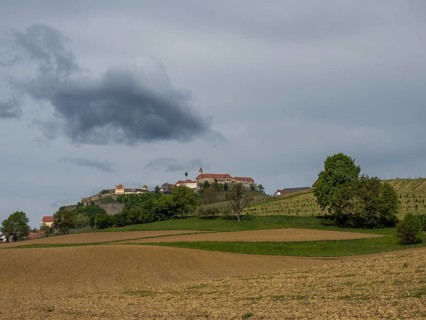 Farmland, Riegersburg Castle in the background, near Riegersburg, Styria, Austria, Europe