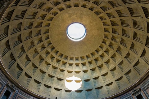 Old Beautiful Ceiling with the Hole and Sunlight on the Ancient Building Pantheon in Rome, Lazio,