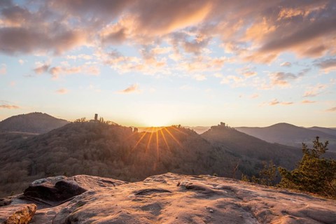 View of Trifels Castle, from Engels Landing rock, with the young tower in autumn at sunset.