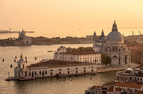 Basilica di Santa Maria della Salute on the Grand Canal at sunset, view from the Campanile di San