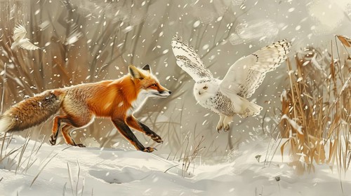 A red fox and a snowy owl in motion during snowfall, capturing a dynamic interaction in a winter