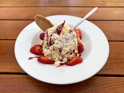Spaghetti ice cream with strawberries, waffle, spoon, plate, food, Leipzig, Saxony, Germany, Europe