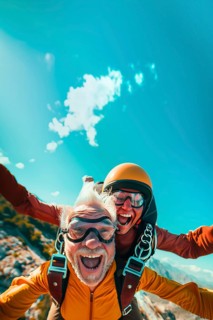 An old man is skydiving with a female instructor. AI generated