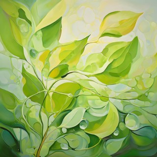 Abstract digital painting embodying sustainability with intertwining leaves glisten with water
