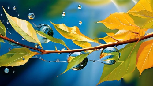 Abstract digital painting embodying sustainability with intertwining leaves glisten with water