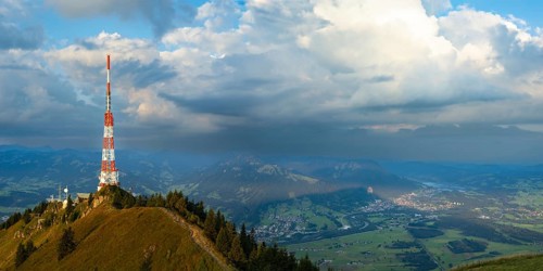 Bavarian Broadcasting Tower on the Gruenten, 1738m, at sunrise, Illertal, Allgaeu Alps,
