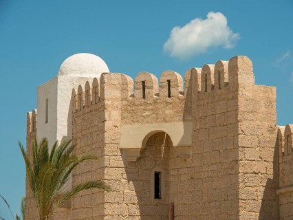 Historical building with white dome and jagged wall, next to it a palm tree in front of a blue sky,