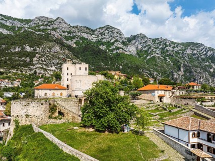 Kruje and Mount Kruje from a drone, Ishem River, Albania, Europe