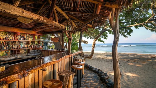 An empty bar counter against a beach background, AI generated