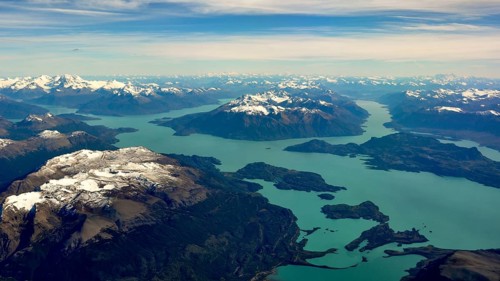 Aerial view of Lago San Martin or Lago O'Higgins in the southern Andes of Patagonia, Argentina and