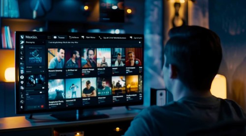 Digital streaming platform with movies and series on large TV screen, AI generated