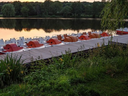 A row of pedal boats is moored to a jetty in the calm waters of a lake. The evening sky in the