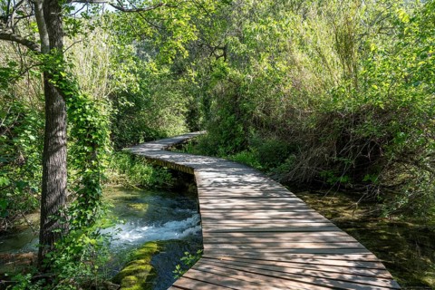Wooden footbridge in Krka National Park, Krka Waterfalls, Dalmatia, Croatia, Europe