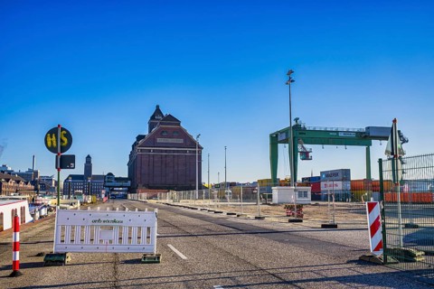 Historic grain store and container terminal in Westhafen, Berlin, Germany, Europe