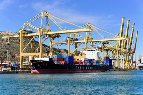 Container port and ships, Barcelona, Spain, Europe, Large cranes and loaded container ship in the