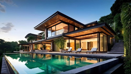 Luxurious wooden house with swimming pool reflecting the opulence of billionaires nestled in