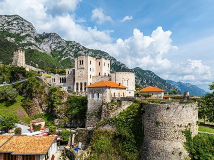 Kruje and Mount Kruje from a drone, Ishem River, Albania, Europe