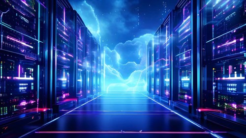 Server racks aligned in rows within a cloud computing data center background and data streams