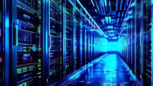 Server racks aligned in rows within a cloud computing data center background and data streams