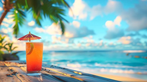Tropical fruit cocktail adorned with an umbrella, set against the backdrop of a sunny beach, AI