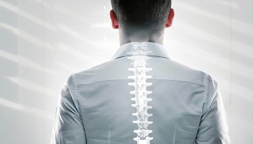 X-ray image of a man from behind with visible spine and light rays on his shirt, AI generated, AI