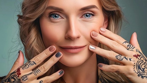 Blonde woman with tattoos on her hands and different nail polish colours, smiling gently. Close-up,
