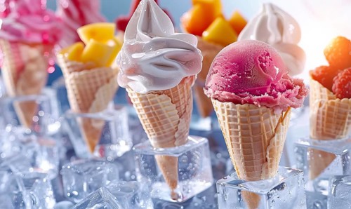 A row of ice cream cones with different flavors, AI generated
