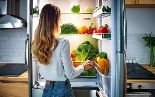 A young woman stands in front of the open fridge with lots of vegetables in it, healthy eating, AI