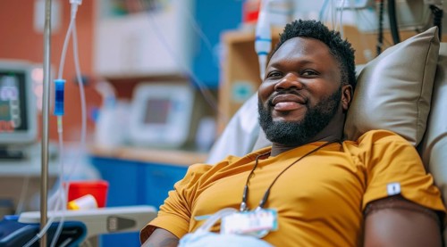 Black patient in the hospital waiting for doctor visit him and check his health status, AI