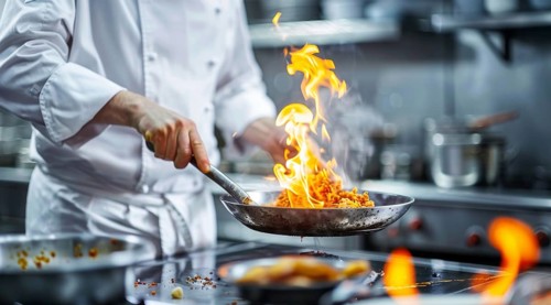 Chef in modern kitchen preparing gourmet meal in upscale restaurant of world cuisine, AI generated