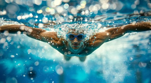 Competitive muscular athlete swim butterfly style in a pool. Concept of leadership and power, AI