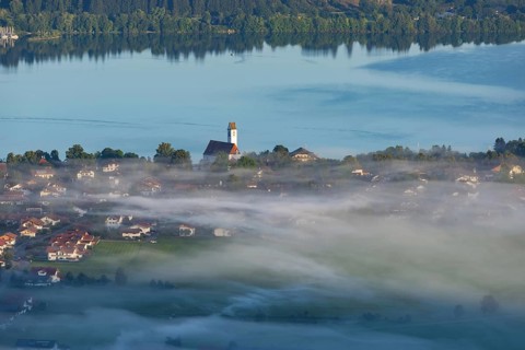 Panorama from Tegelberg to Waltenhofen and the Forggensee, Ostallgaeu, Allgaeu, Swabia, Bavaria,