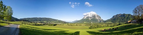 Road leads through a meadow, behind the Grimming, panoramic view, Styria, Austria, Europe