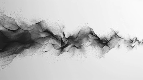 Abstract flowing mesh resembling a sound wave in black with dots on a white background, AI