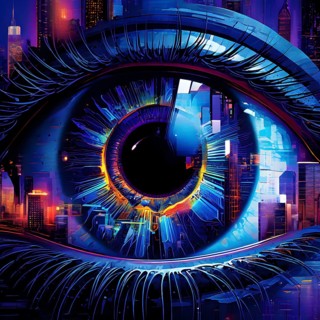 Illustration mosaic collage of an abstract detailed eye morphing into urban cityscape, AI generated