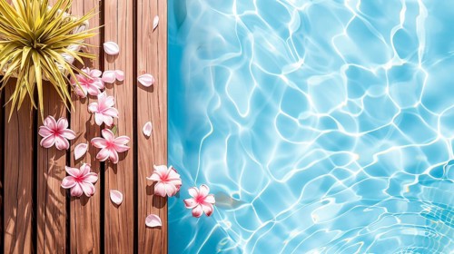 A wooden deck with pink Plumeria flowers by a pool. Summer Concept, IA generated, AI generated