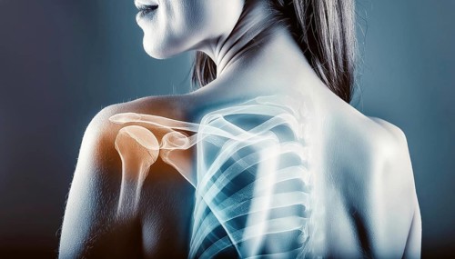Woman from behind with superimposed X-ray image of the shoulder area, AI generated, AI generated