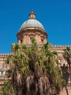 Cathedral with a large dome and palm trees in front of it under a blue sky, palermo in sicily with