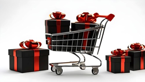 Black friday shopping cart brimming with black gift boxes tied with red ribbons against a white