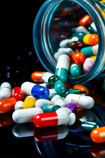 Glass bottle filled with assorted colored painkiller pills, AI generated