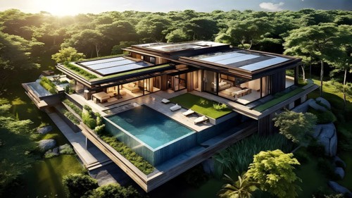 Luxurious wooden house with swimming pool reflecting the opulence of billionaires nestled in