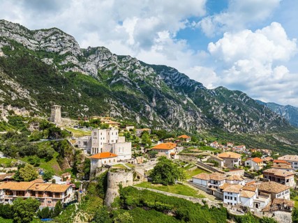 Kruje and Mount Kruje from a drone, Ishem River, Albania, Europe