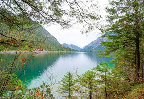 Landscape of a clear lake (Plansee) in autumn in Tirol